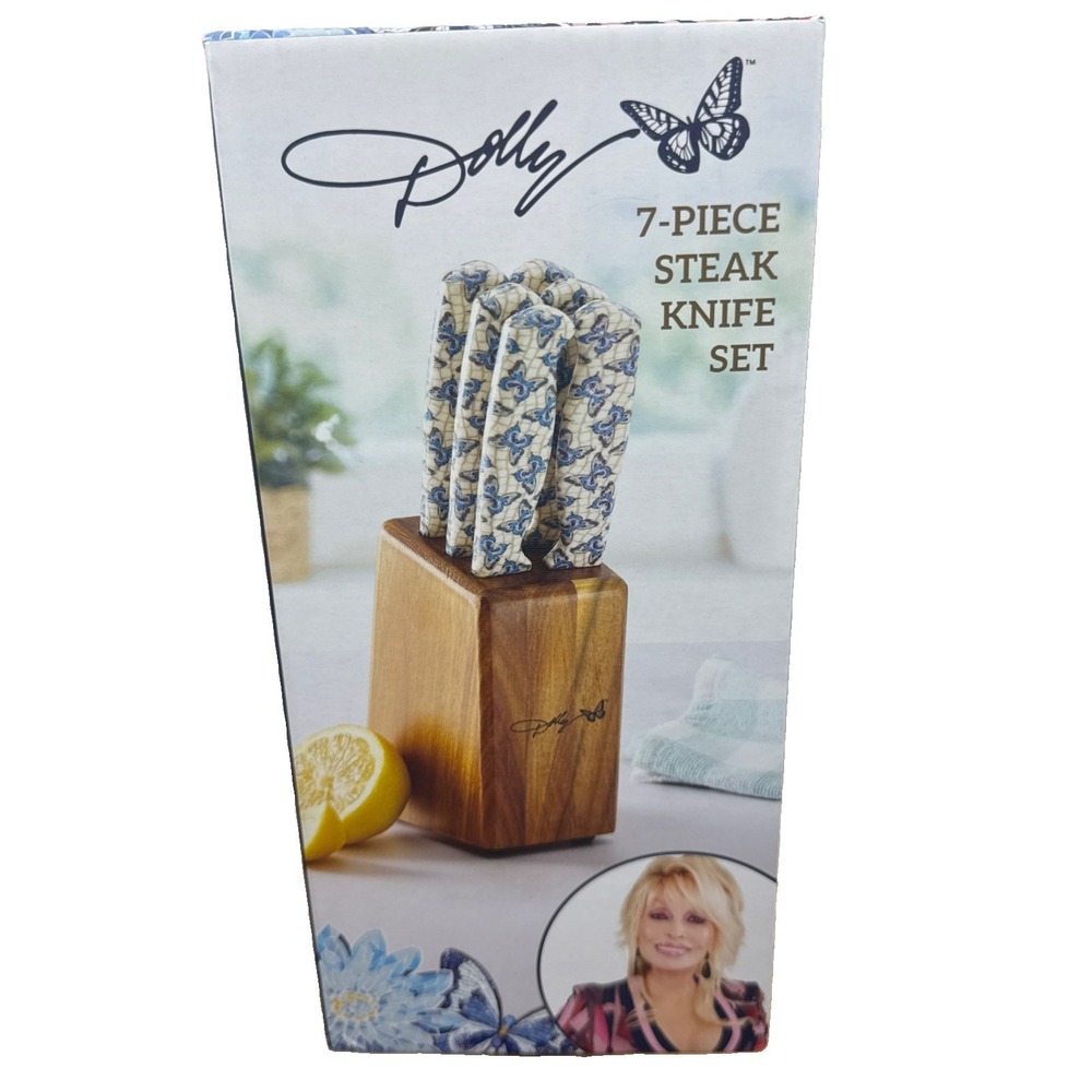 Dolly Parton 7-Piece Steak Knife Set Blue Handles Acacia Block